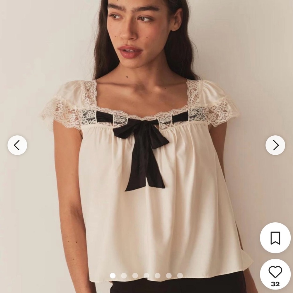 Doen Cream and Black Lace Trim Top